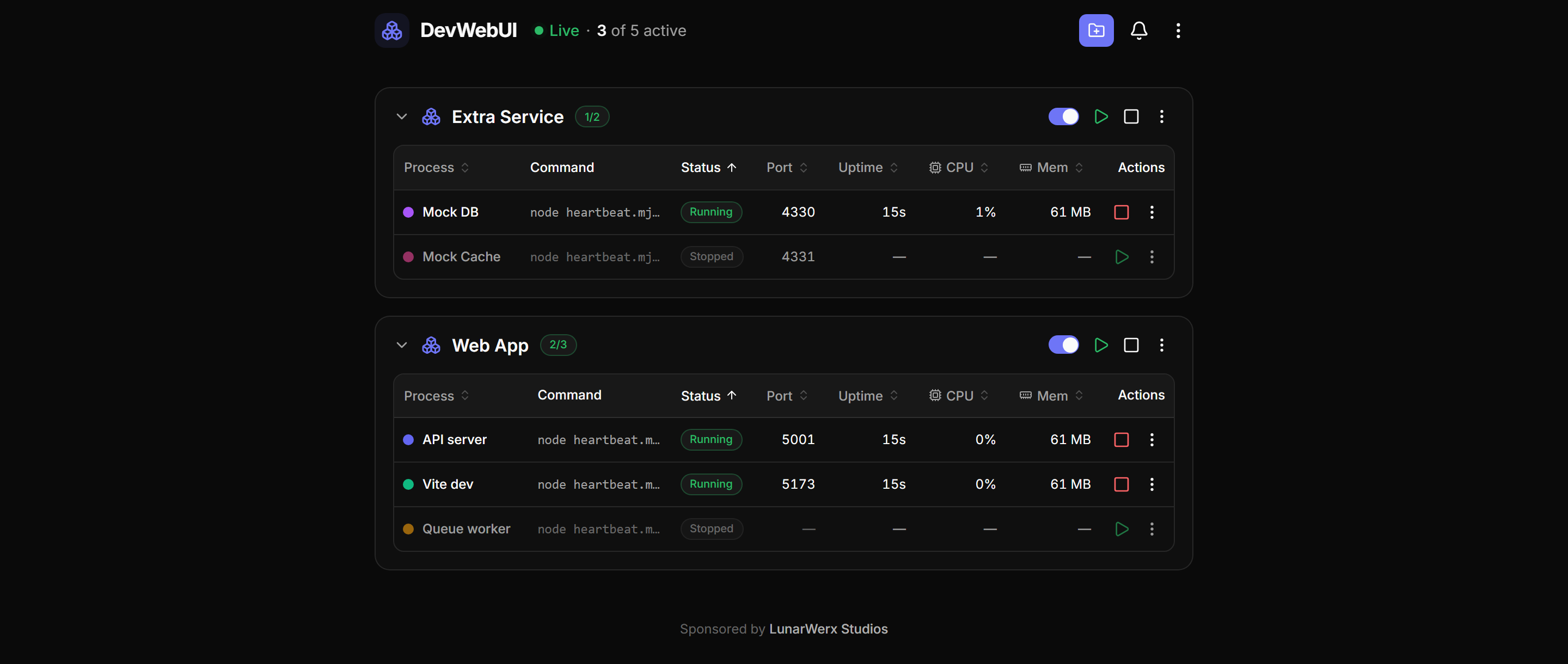 DevWebUI managing local dev servers — two projects with running and stopped processes, each showing live status, port, uptime, CPU and memory.